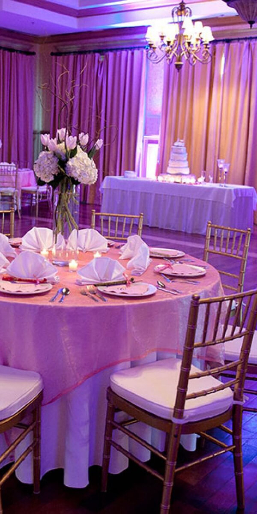 Event Type placeholder - image of a ballroom decorated with a wedding cake, round tables with white linens, chairs &amp; pink uplighting.